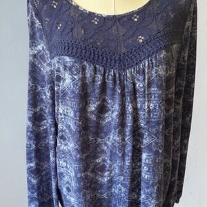 RuffHewn Womens XL Blue Geometric Crochet‎ Lace Long Sleeve Peasant Blouse Top